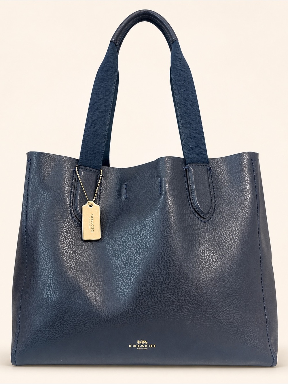 Coach Navy Blue Leather Tote with Gold Tag